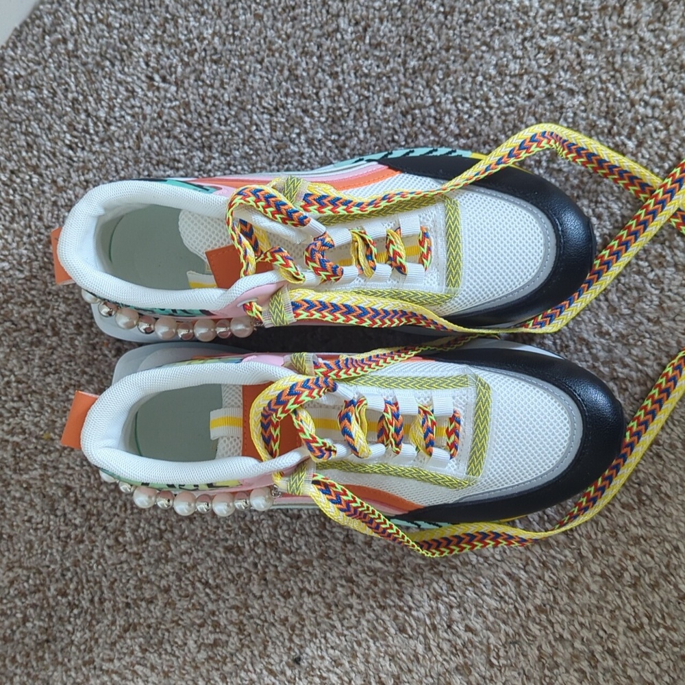 Women's Fashion Platform Mid-Top Sneakers with Sparkling Bead Chain